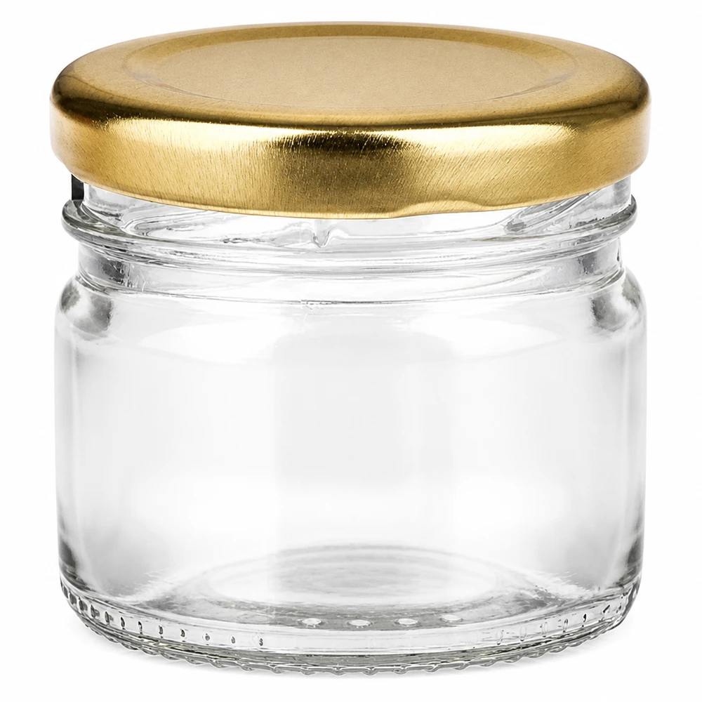 33 ml Rundglas 6er-Set mit Deckel (Deckelfarbe: gold) – UNiTWIST Klares Glas 33ml mit breit geschwungenem Körper und goldenem Metallteller-Deckel UNiTWIST