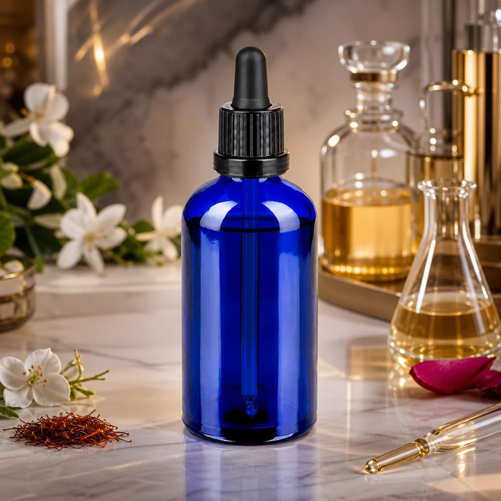 100ml Pipettenflasche schwarz Originalitätsverschluss BlueLine UT18/100 Premium Glasflasche 100ml mit Pipettenaufsatz in elegantem Blau-Schwarz Design für Naturkosmetik
