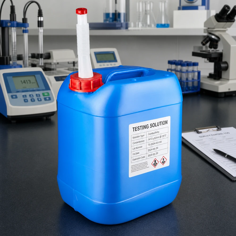 Kanister 20L blau mit GHS-Kennzeichnung und weißem Flex-Auslaufrohr für Testlösungen