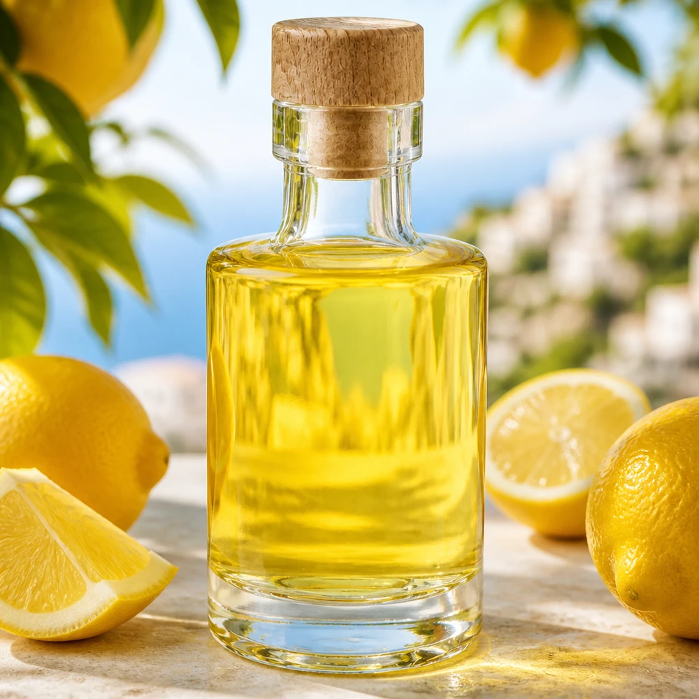 100ml Glasflasche "Marie" mit Holzgriff-Korken UNiTWIST 100ml Glasflasche Marie mit Holzkorken gefüllt mit gelbem Öl umgeben von Zitronen in mediterraner Atmosphäre