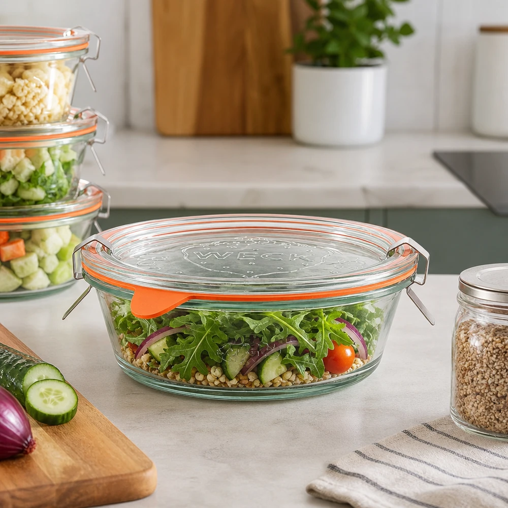300ml Gourmetglas komplett WECK RR120 WECK Gourmetglas 300ml RR120 mit frischem Salat gefüllt auf Küchenarbeitsplatte, Meal Prep Container aus Glas