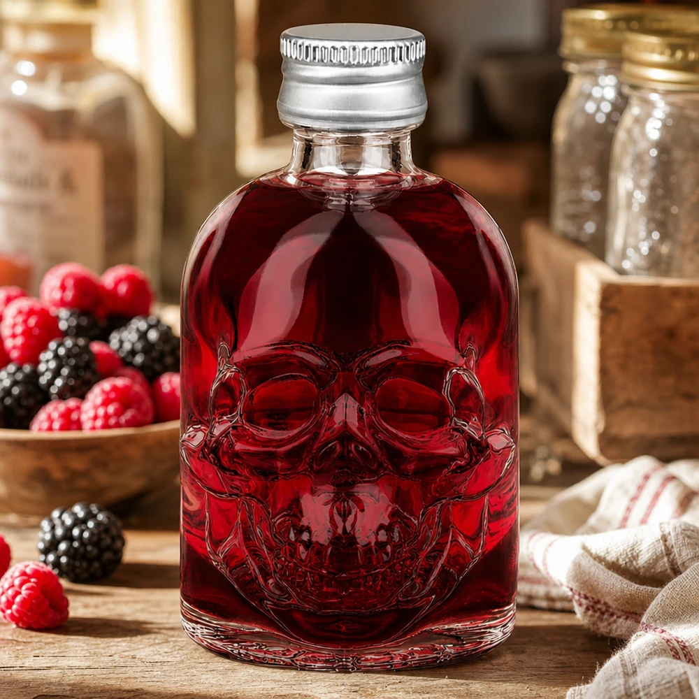50ml Glasflasche Hector mit roter Beerenliqueur-Füllung zwischen Himbeeren und Brombeeren in rustikaler Küche