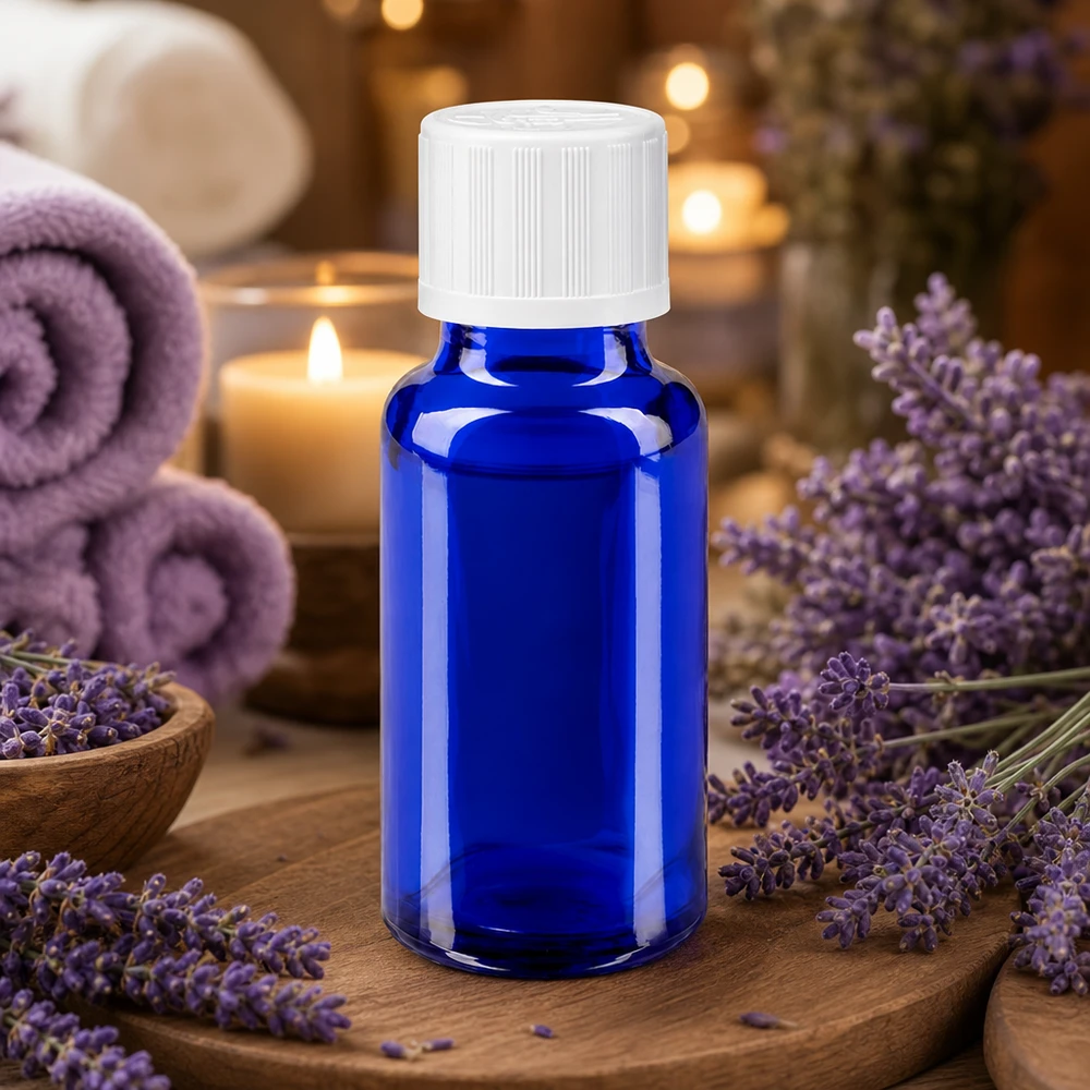 Apothekenflasche blau 20ml Schraubverschluss weiß Kindersicherung Standard Blauglas Flakon 20ml mit weißem KiSi Verschluss für ätherische Öle und Naturkosmetik