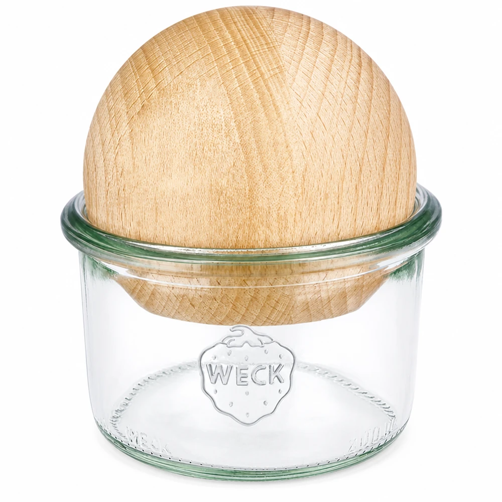 200ml Sturzglas WECK RR80 mit Holzkugel Buche WECK Sturzglas 200ml RR80 mit Holzkugel Buche als Deckel, klares Glas mit WECK Logo, nachhaltiges Aufbewahrungsglas
