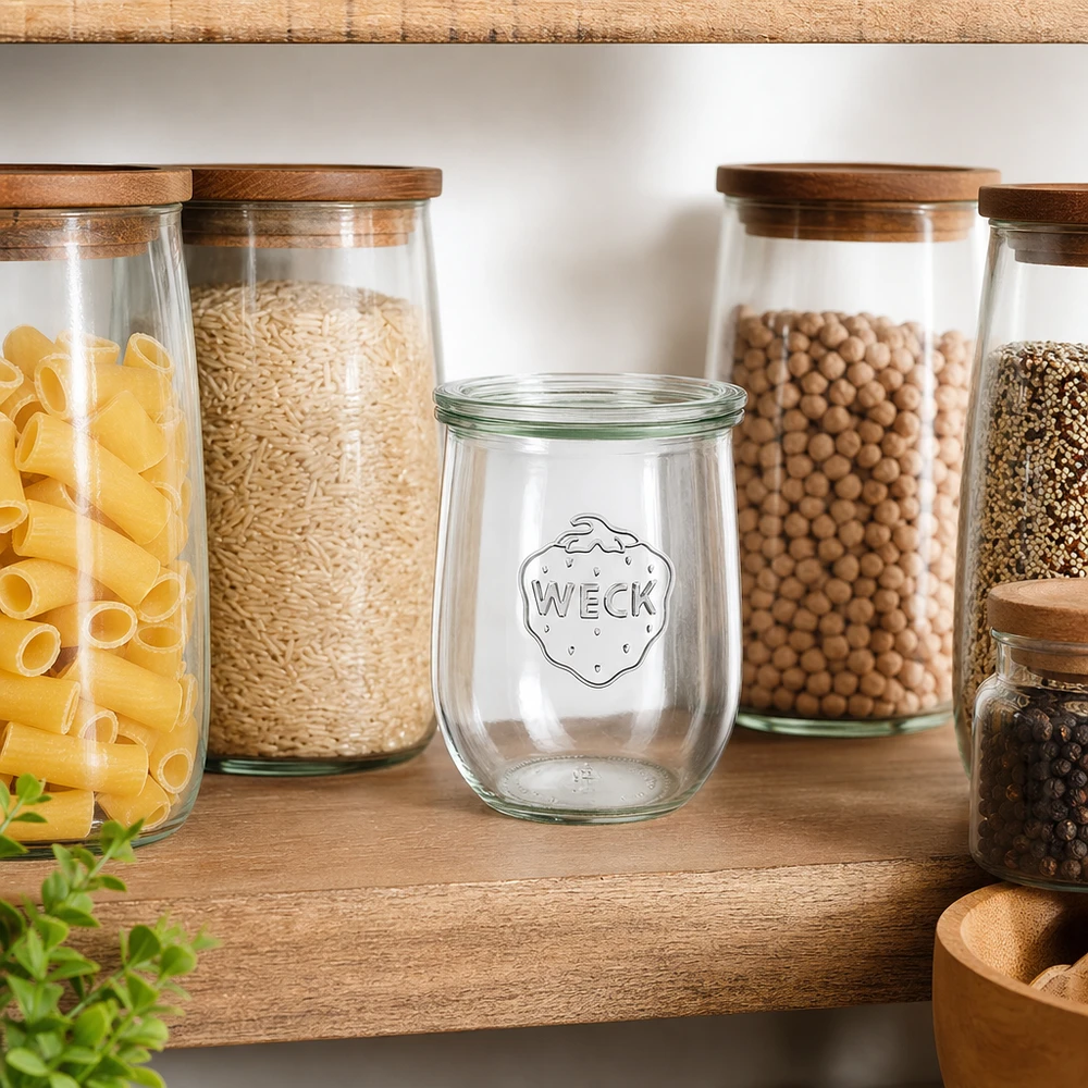 1062ml Tulpenglas mit Glasdeckel WECK RR100 WECK Tulpenglas 1062ml Vorratsorganisation Küchenschrank Pantry mit Pasta Reis Hülsenfrüchten gefüllt Holzregal