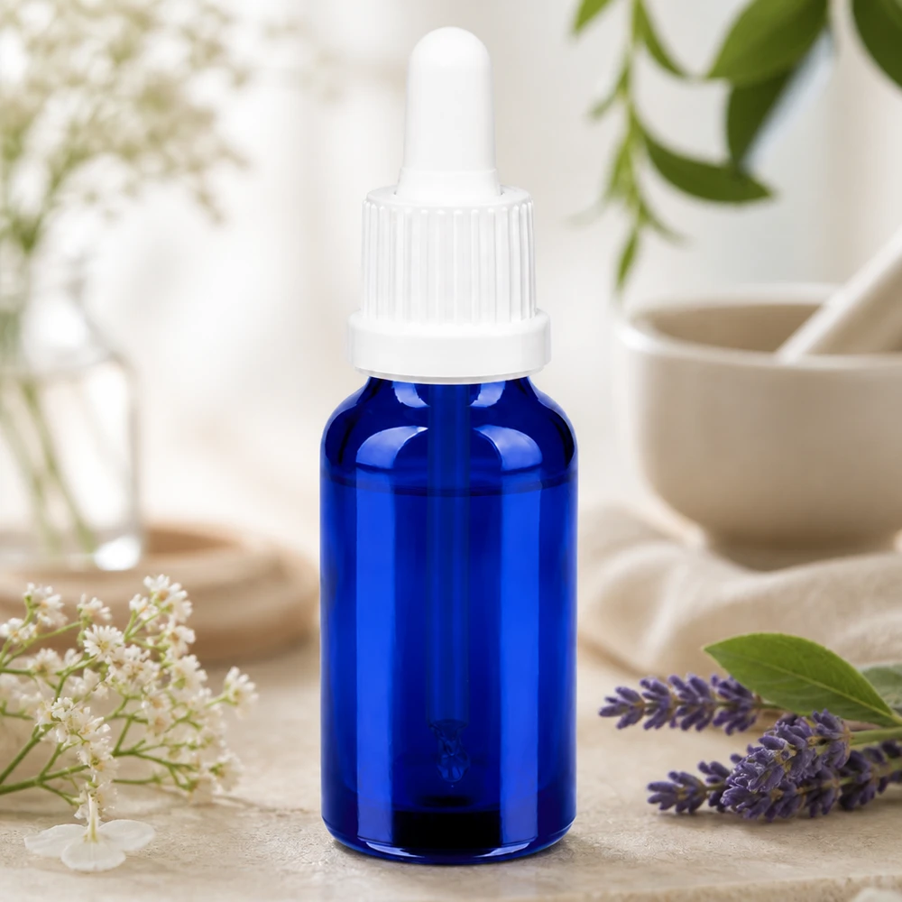 Elegante 20ml Glasflasche in tiefblau mit funktionaler Tropfvorrichtung für Kosmetika