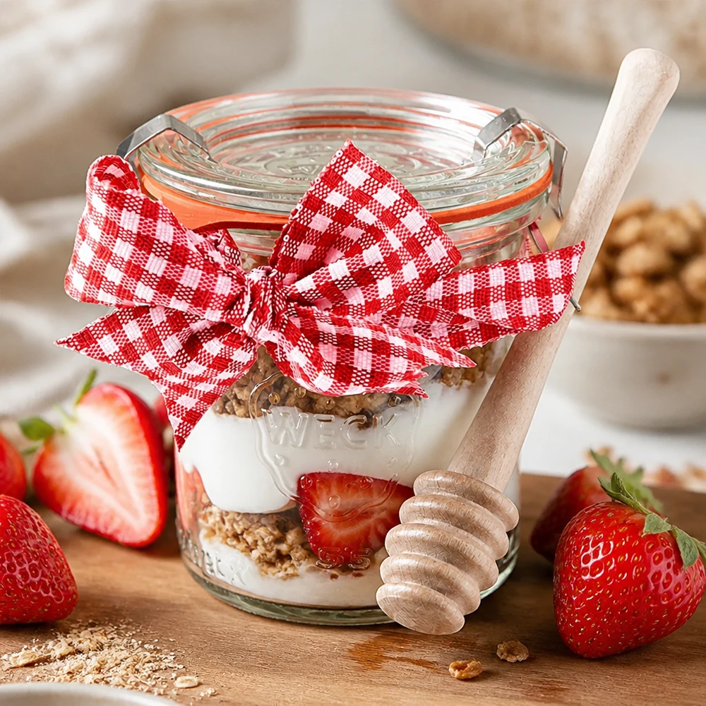 WECK-Mini-Sturzglas 140ml komplett mit Honiglöffel WECK Mini Sturzglas 140ml Joghurt Müsli Erdbeeren geschichtet Dessert Honiglöffel Holz Vichy Schleife rot weiß