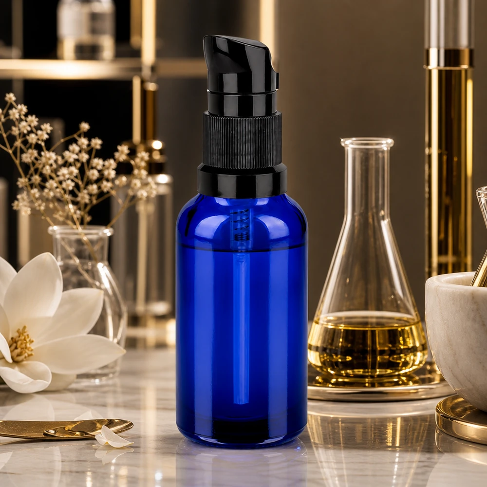 Stilvolle Glasflasche 30ml mit schwarzem Pumpmechanismus für hochkonzentrierte Wirkstoffe