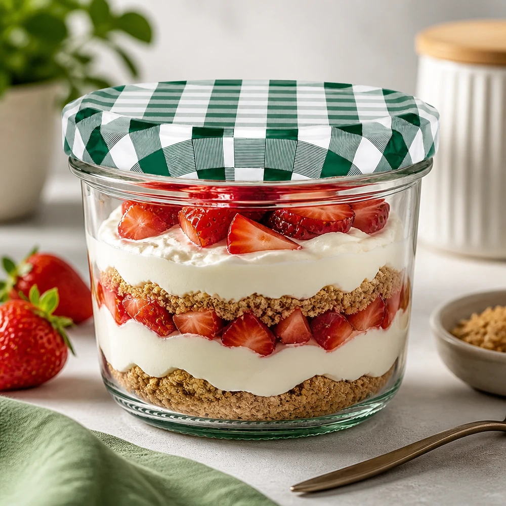 Sturzglas 230ml Dessertglas Erdbeertrifle Schichtdessert BasicSeal Deckel grün-weiß kariert Nachspeise Küche