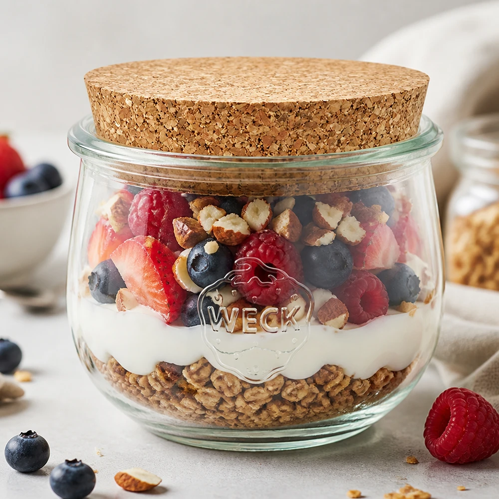 580ml Tulpenglas WECK RR100 mit Korken natur WECK Tulpenglas 580ml mit Korkdeckel als Müsliglas mit Joghurt Beeren und Nüssen befüllt Frühstück im Glas