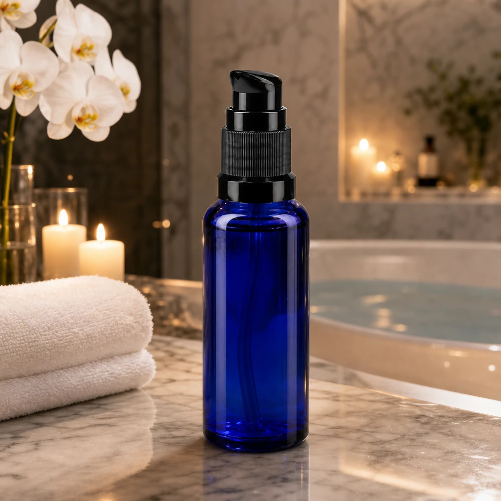Apothekenflasche blau 30ml PumpVerschluss schwarz Standard Zylindrische 30ml Flasche in Kobaltblau mit schwarzem Pumpmechanismus aus ApoGlas