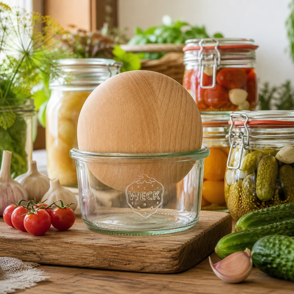 165ml Sturzglas WECK RR80 mit Holzkugel Buche WECK Sturzglas RR80 165ml mit Buche-Holzkugel in rustikaler Küche zwischen Einmachgläsern und frischem Gemüse