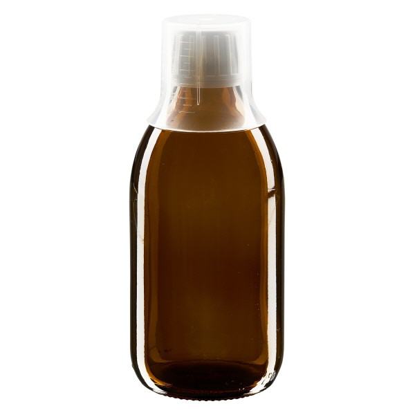 250ml Medizinflasche braun, Verschluss Originalitätsverschluss mit Dosierbecher 30ml ApoGlas