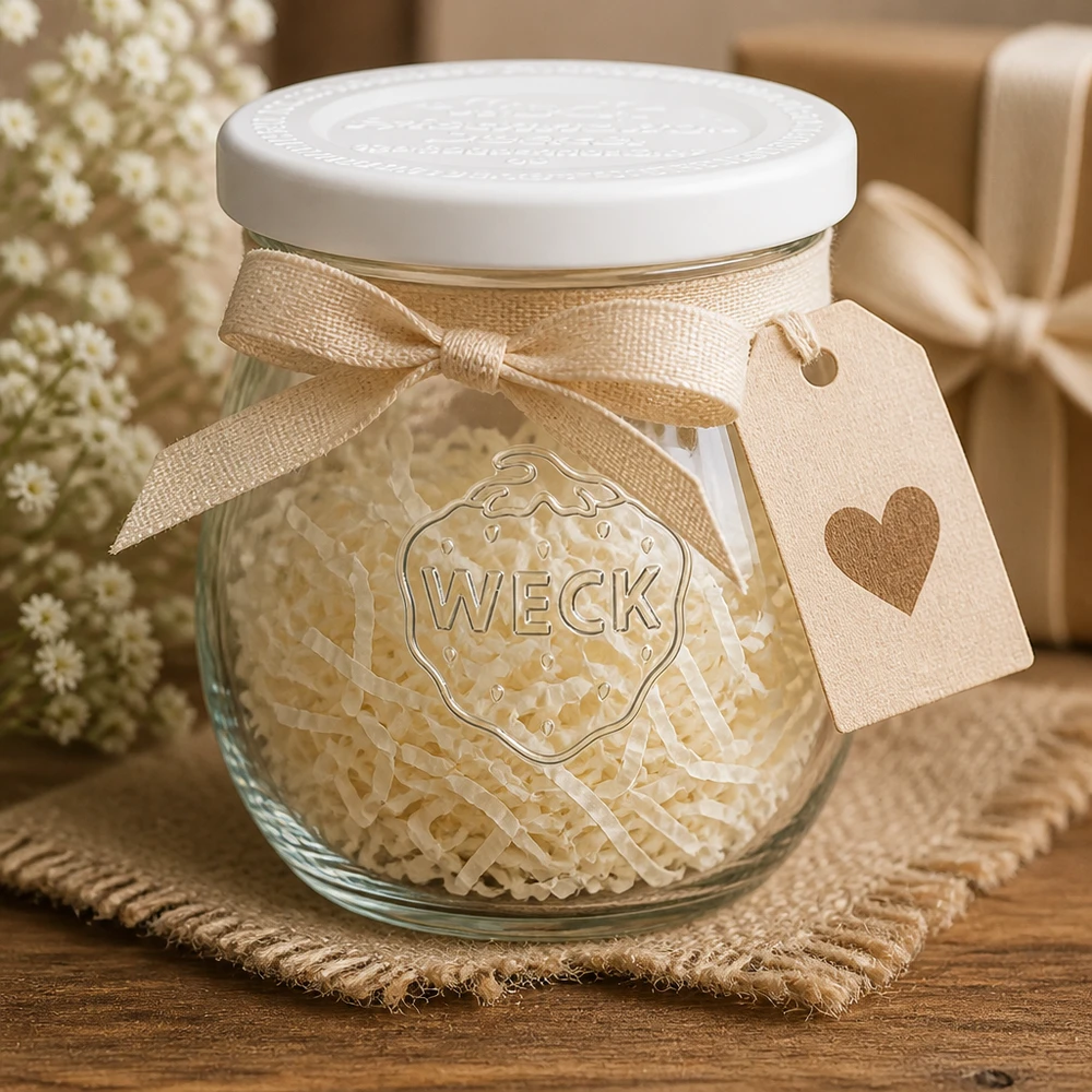 WECK Tulpenglas 220ml RR60 dekorativ mit Schleifenband und Herzanhänger - Geschenkidee Einmachglas rustikal