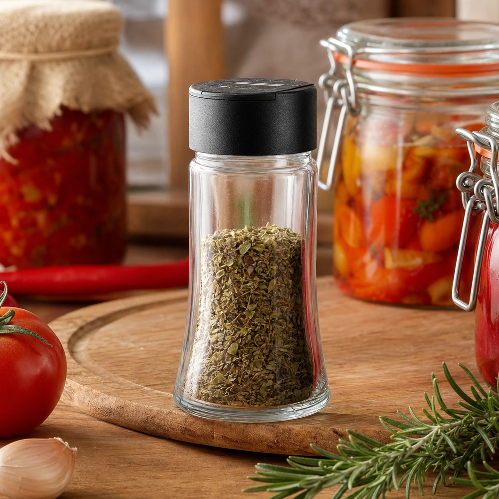 Salz-/Gewürzglas 95ml mit Doppelstreuer schwarz Gewürzstreuer 95ml aus Glas mit schwarzem Deckel perfekt für Oregano Basilikum und Thymian