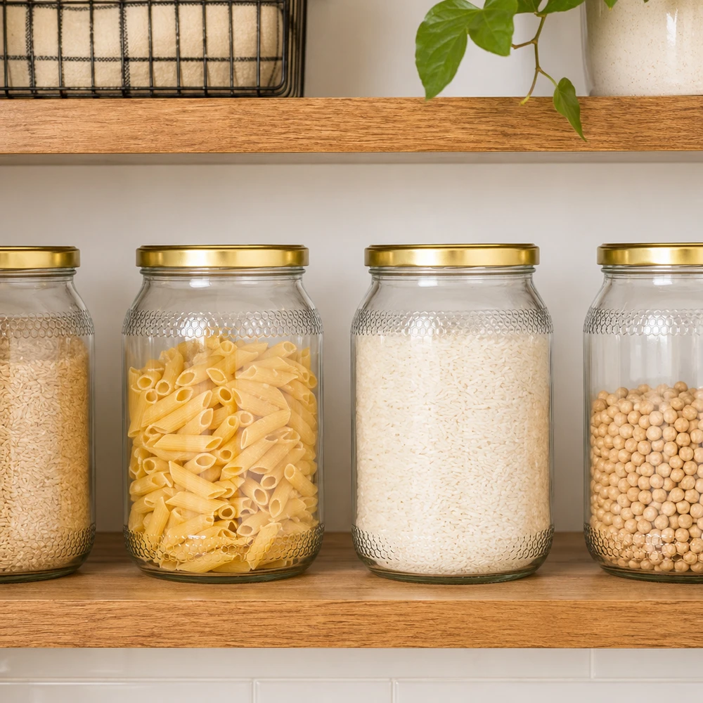 1260g Honigglas + BasicSeal Deckel gold UNiTWIST 900ml Honiggläser mit goldenen Deckeln als Vorratsdosen für Pasta, Reis und Hülsenfrüchte in moderner Küche