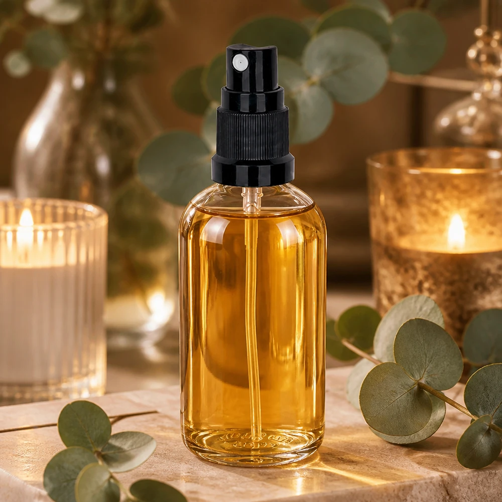100ml ClearLine Flasche UT18/100 mit Sprühkopf auf Marmor mit Eukalyptus und Golddeko