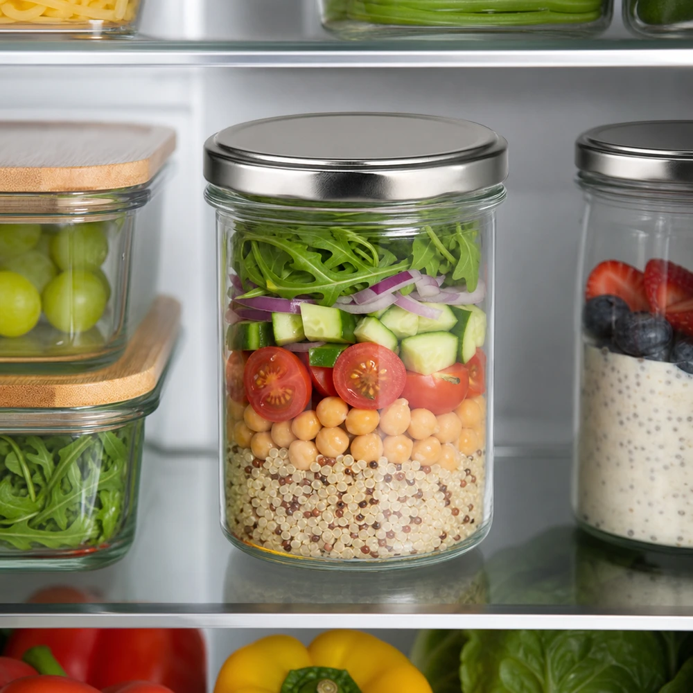 350ml Sturzglas mit silbernem Deckel im Kühlschrank gefüllt mit Salat Quinoa Kichererbsen Meal Prep Vorratsglas