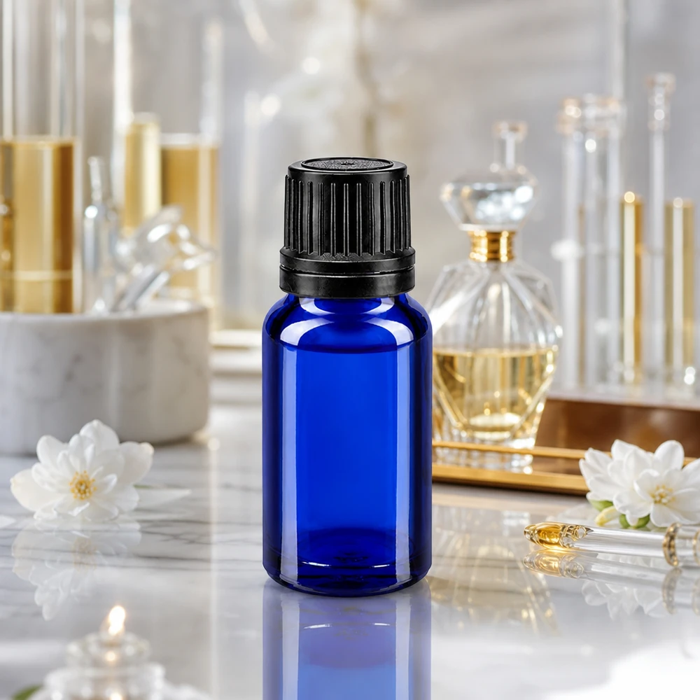 Manipulationssichere 10ml Tropfflasche Apothekenglas blau mit 1mm Einsatz für Naturkosmetik