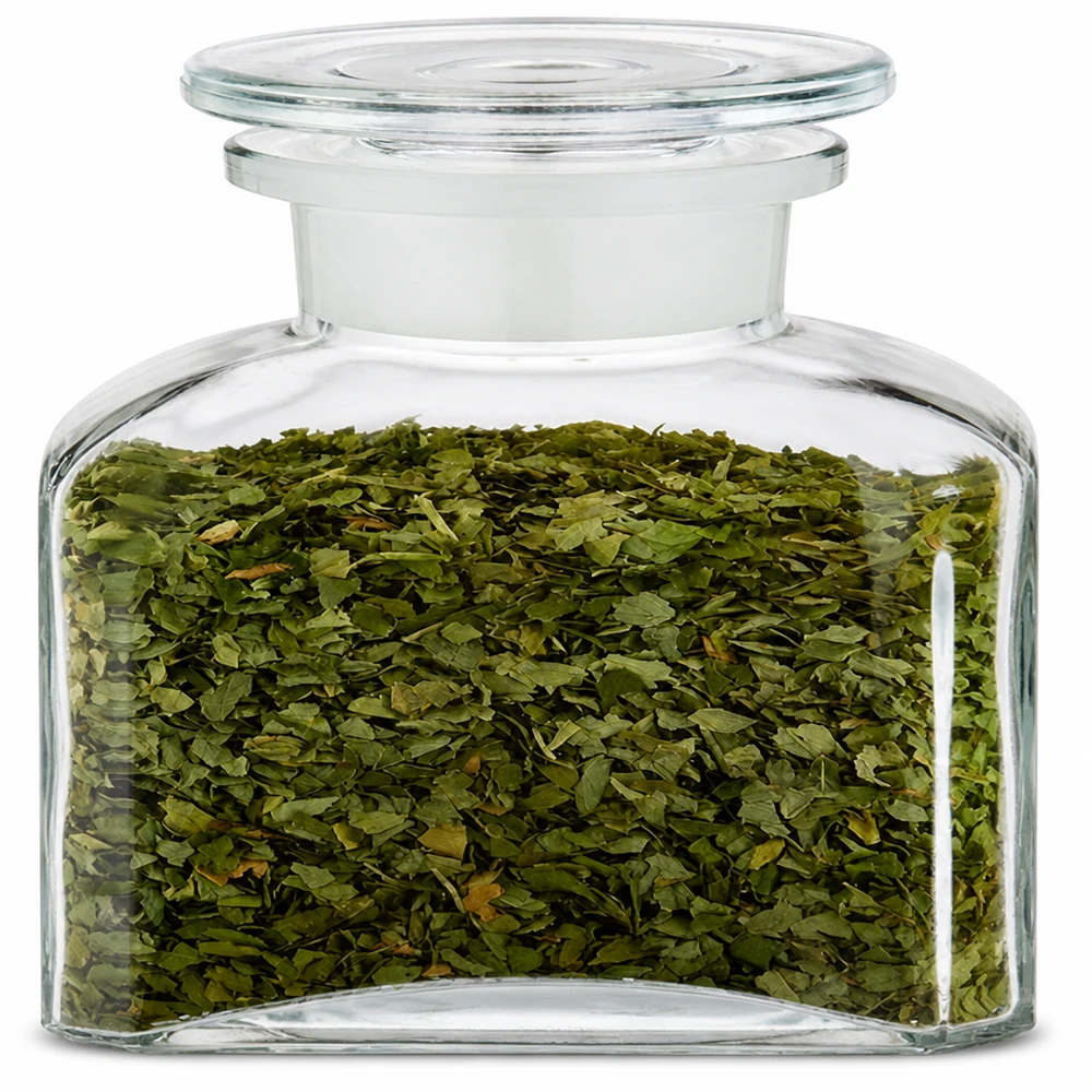Kleines Gewürzglas Vierkant-Apothekerflasche 150ml Weithals mit Kräuterfüllung und Glasverschluss