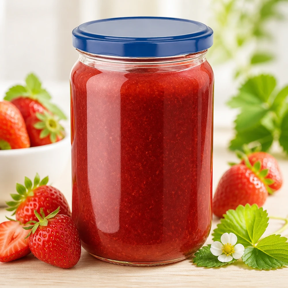 Rundes Marmeladenglas 555ml UNiTWIST mit blauem Kunststoffdeckel und selbst gekochter Erdbeerkonfitüre