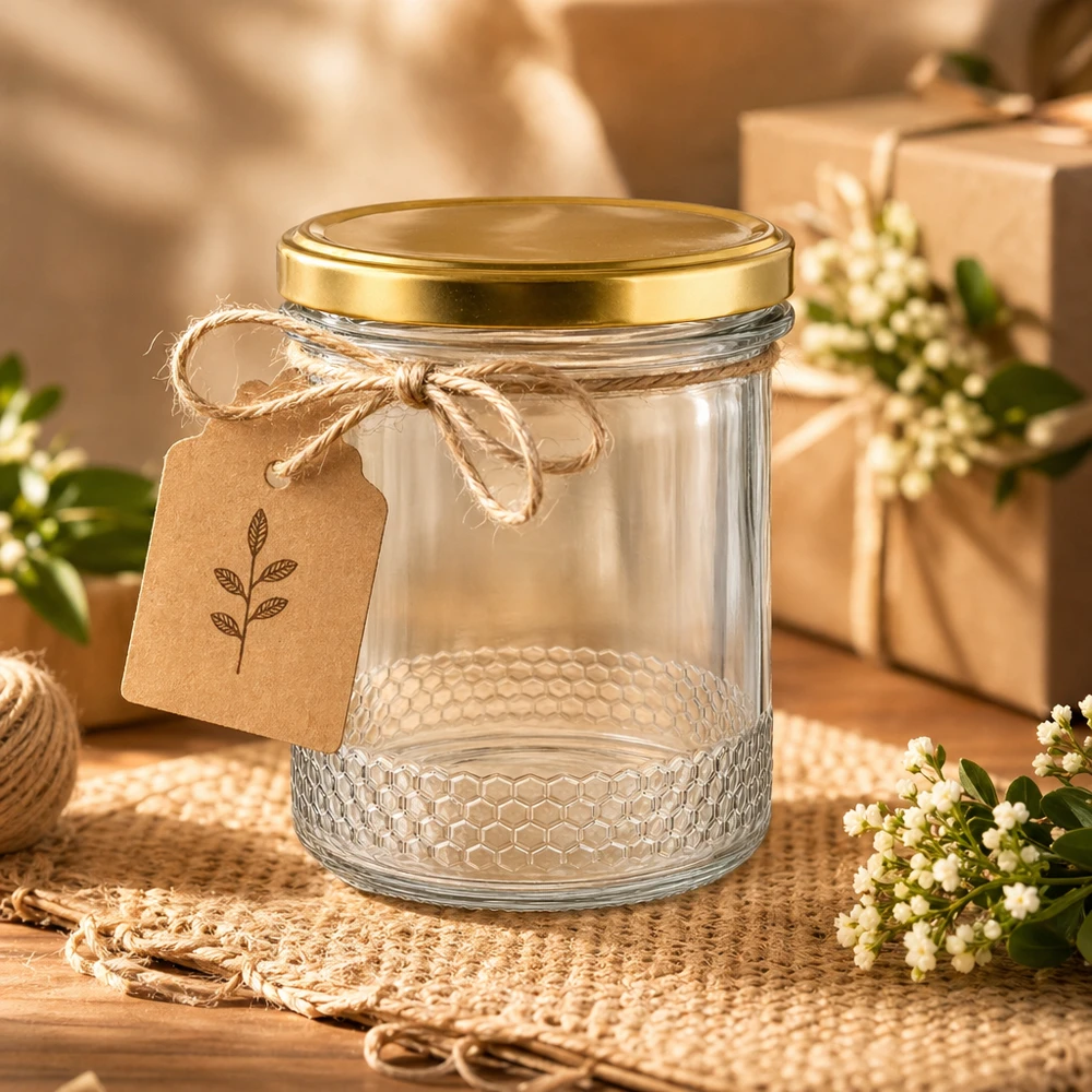 400ml Honigglas mit BasicSeal Deckel gold UNiTWIST und Geschenkanhänger auf rustikalem Holztisch mit Jute-Deko