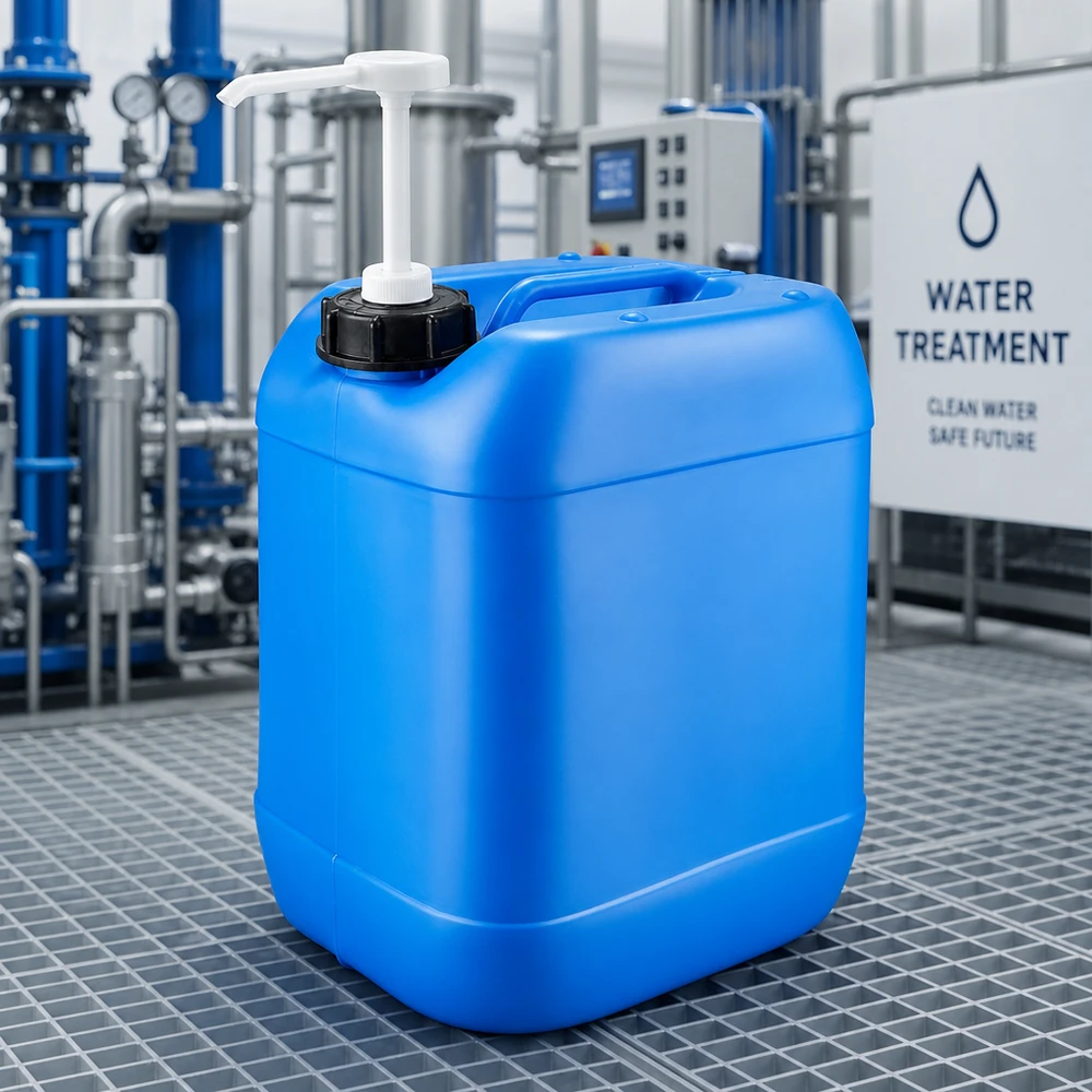 Kanister 20 Liter blau mit Dosierpumpe Stapelbarer Industriekanister 20 Liter blau mit Dosierpumpe für Wasseraufbereitung