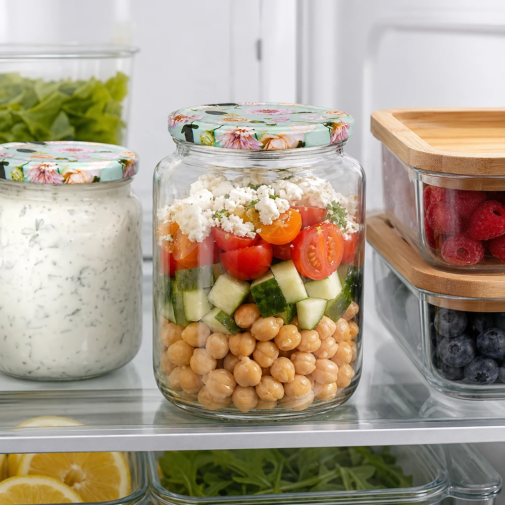 795ml Rundglas mit mint Blumen-Deckel im Kühlschrank, gefüllt mit Kichererbsen-Salat zwischen Meal-Prep-Behältern