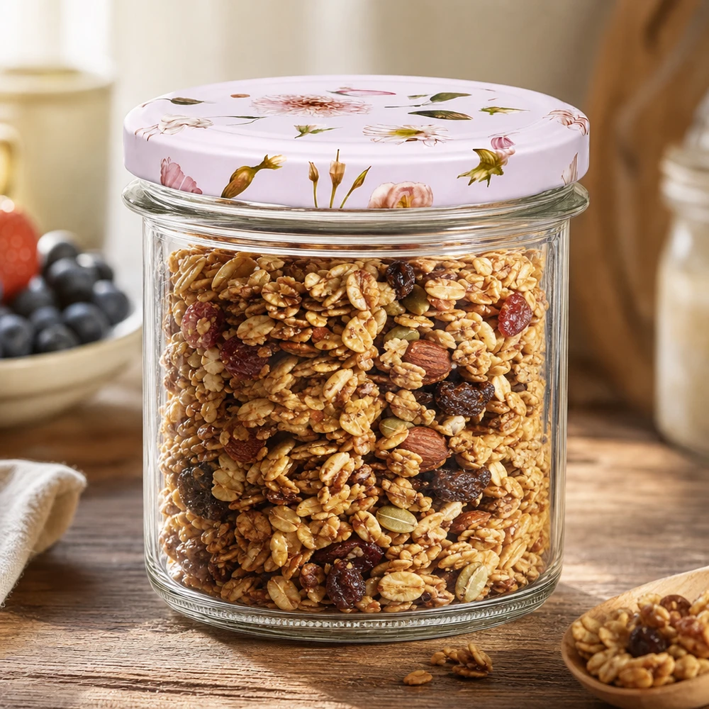 350ml Sturzglas rosa Blumendekor gefüllt mit Müsli Nüssen als Vorratsbehälter auf Holztisch Küchenzubehör