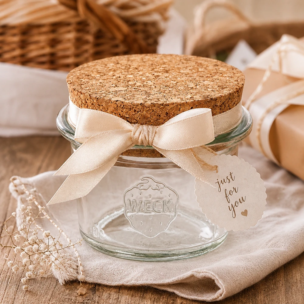 35ml Sturzglas WECK RR40 mit Korken natur WECK Sturzglas RR40 35ml mit Korken als Geschenkverpackung mit Schleife und Anhänger dekorativ arrangiert
