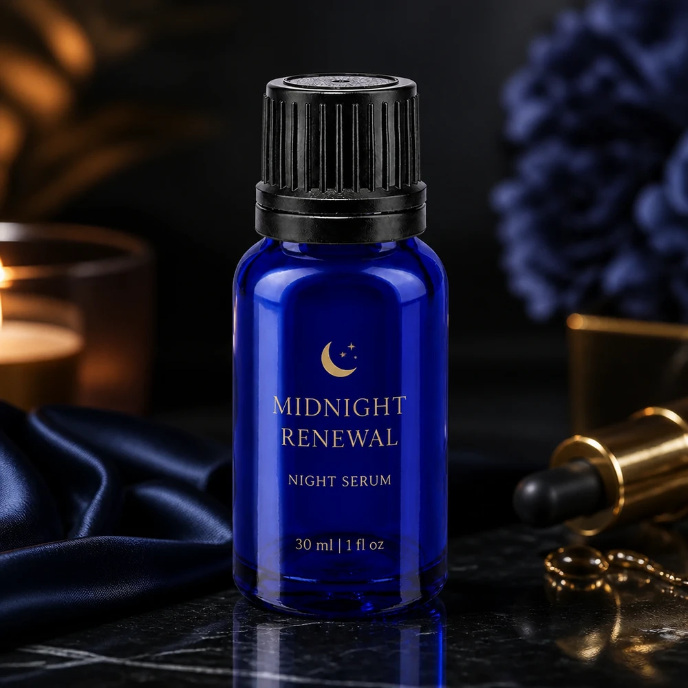 Hochwertige kobaltblaue 10ml Glasflasche mit schwarzem Schraubverschluss für Nachtpflege