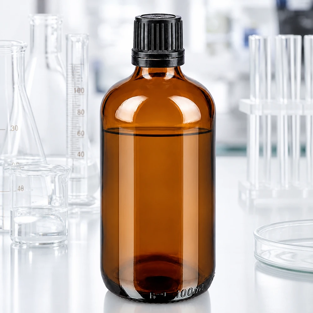 Apothekenflasche braun 100ml Schraubverschluss schwarz Giessring Originalitätsverschluss Professionelle 100ml Braunglasreagenzflasche mit schwarzem Originalitätsverschluss im Laborumfeld