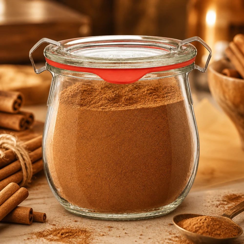 Gewürzglas Idee: WECK-Mini-Tulpenglas 220ml Kleines WECK Tulpenglas 220ml mit braunem Zimtpulver gefüllt Vorratsglas mit roter Gummilippe
