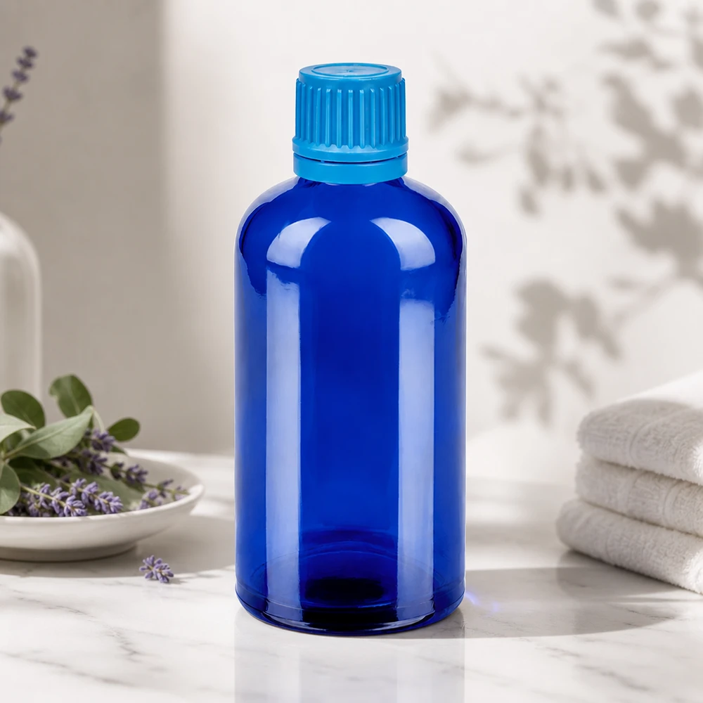Premium 100ml BlueLine Flasche mit auslaufsicherem Verschluss für Labor und Apotheke