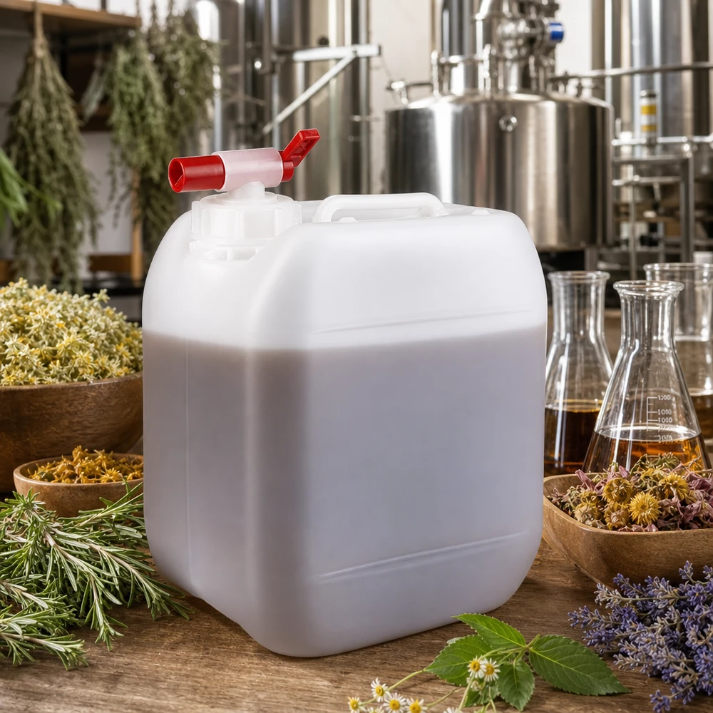 Quadratischer 5 Liter Weißkanister mit Füllstandsmarkierung und rotem Auslaufhahn