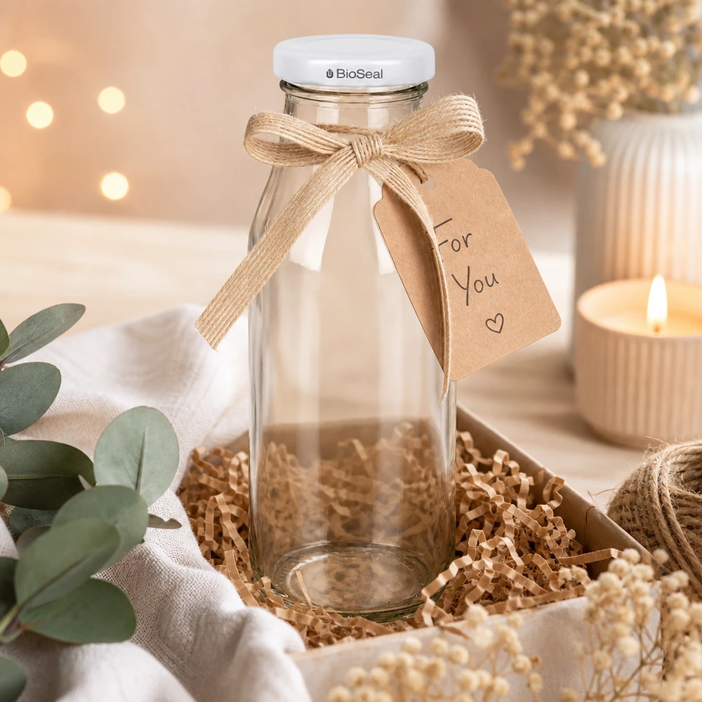 263ml Flasche mit BioSeal Deckel weiß UNiTWIST UNiTWIST Bottle263 Glasflasche mit weißem TO43 BioSeal Deckel als Geschenk dekoriert mit Schleife und Anhänger