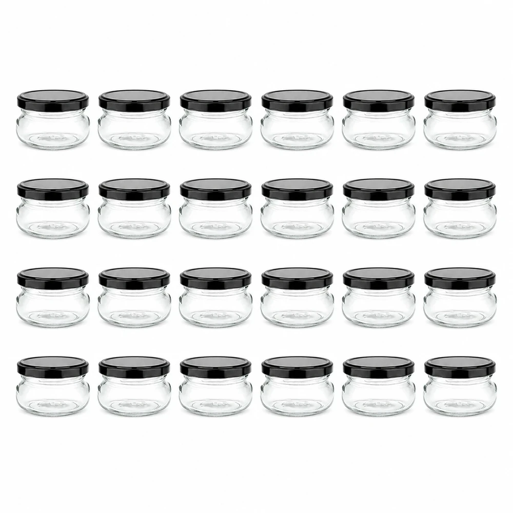 120 ml Terrinenglas 24er-Set mit Deckel (Deckelfarbe: schwarz) – UNiTWIST 24 bauchige Vorratsgläser 120ml mit schwarzem Metalldeckel für Marmelade und Aufstriche