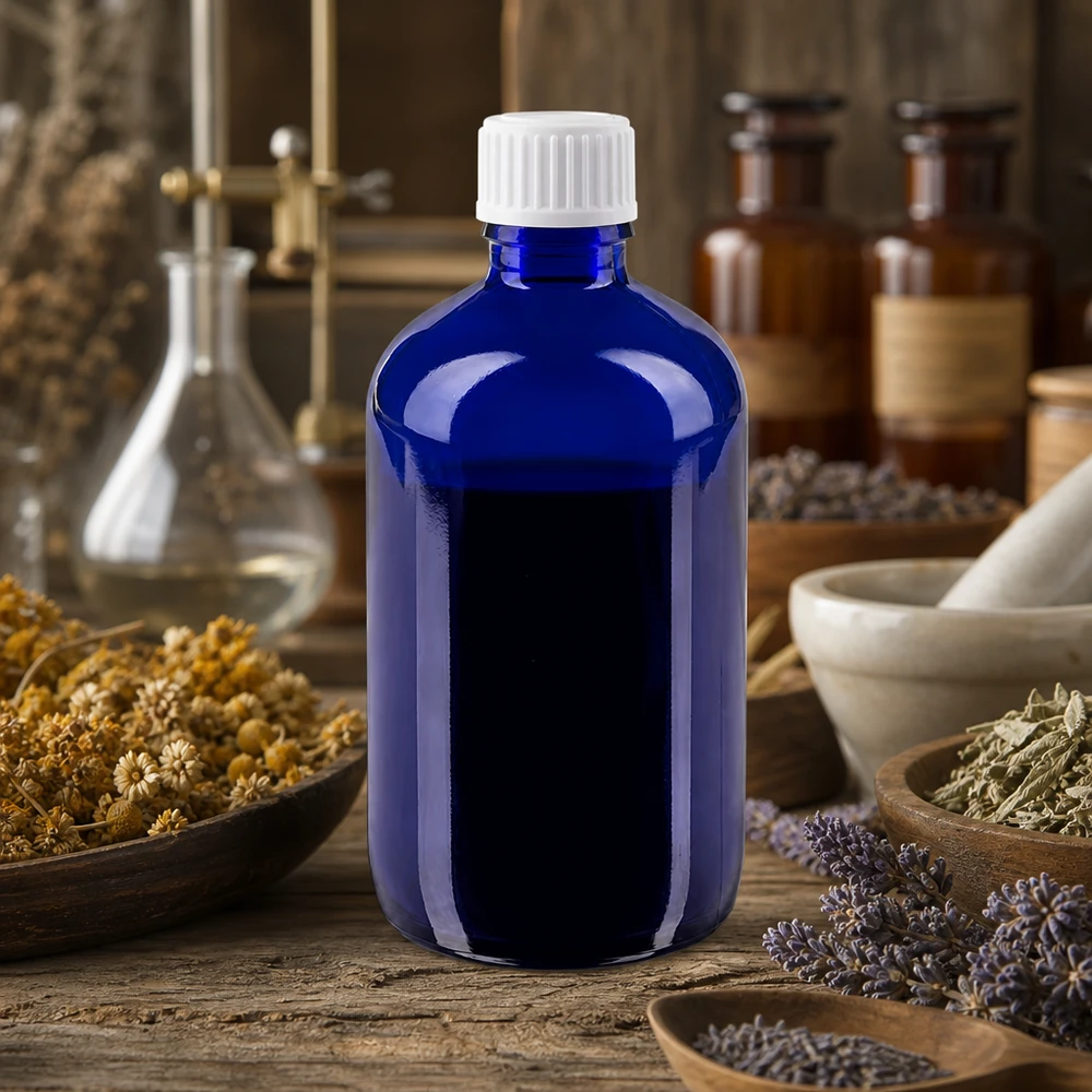 Apothekenflasche blau 100ml Tropfverschluss weiß 0.8mm Standard Lichtschutzflasche aus blauem Apothekerglas 100ml mit STD Weißdeckel für Heilpflanzenöle