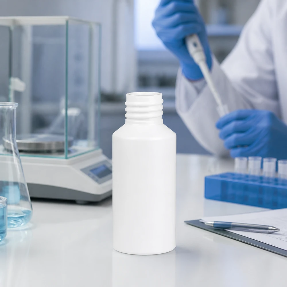 Apothekenflasche HDPE 50ml weiß, ohne Verschluss Zylindrische weiße Kunststoffflasche HDPE 50ml mit Gewindehals für medizinische Produkte