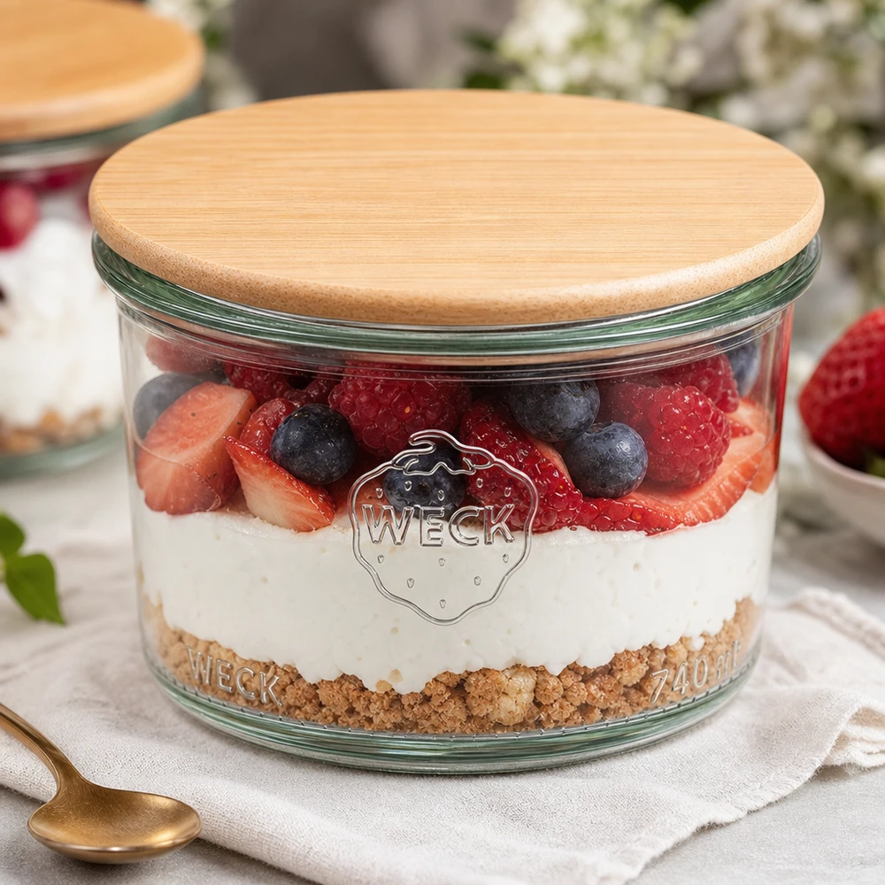 WECK Sturzglas 200ml RR80 Holzdeckel gefüllt mit Schichtdessert Beeren Joghurt Keksboden Dessertstyling
