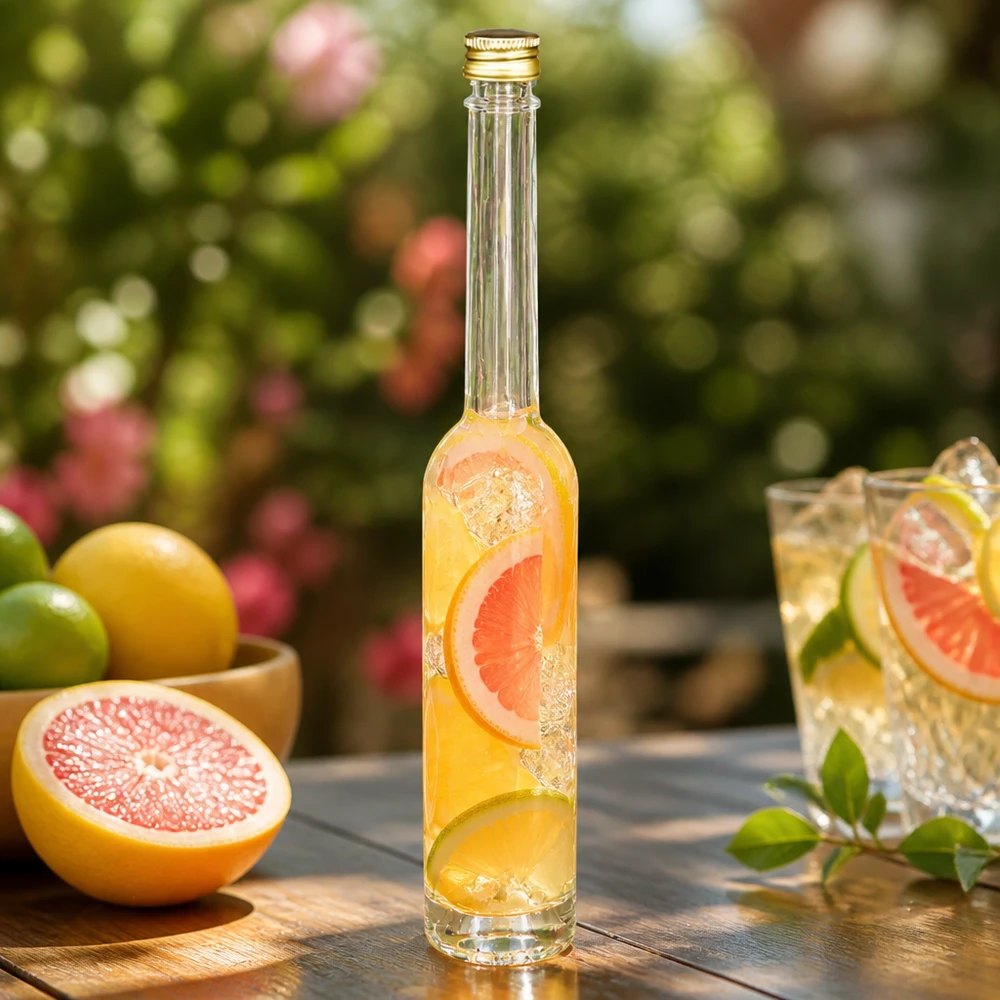 100ml Glasflasche "Toni" mit Schraubverschluss gold UNiTWIST 100ml Glasflasche Toni mit Grapefruit-Getränk - UNiTWIST Goldverschluss in sommerlicher Garten-Atmosphäre mit Zitrusfrüc