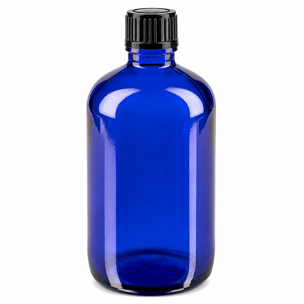 Apothekenflasche blau 100ml Schraubverschluss schwarz Standard Blaue Medizinflasche aus Glas 100ml mit schwarzem Verschluss 11mm Öffnung