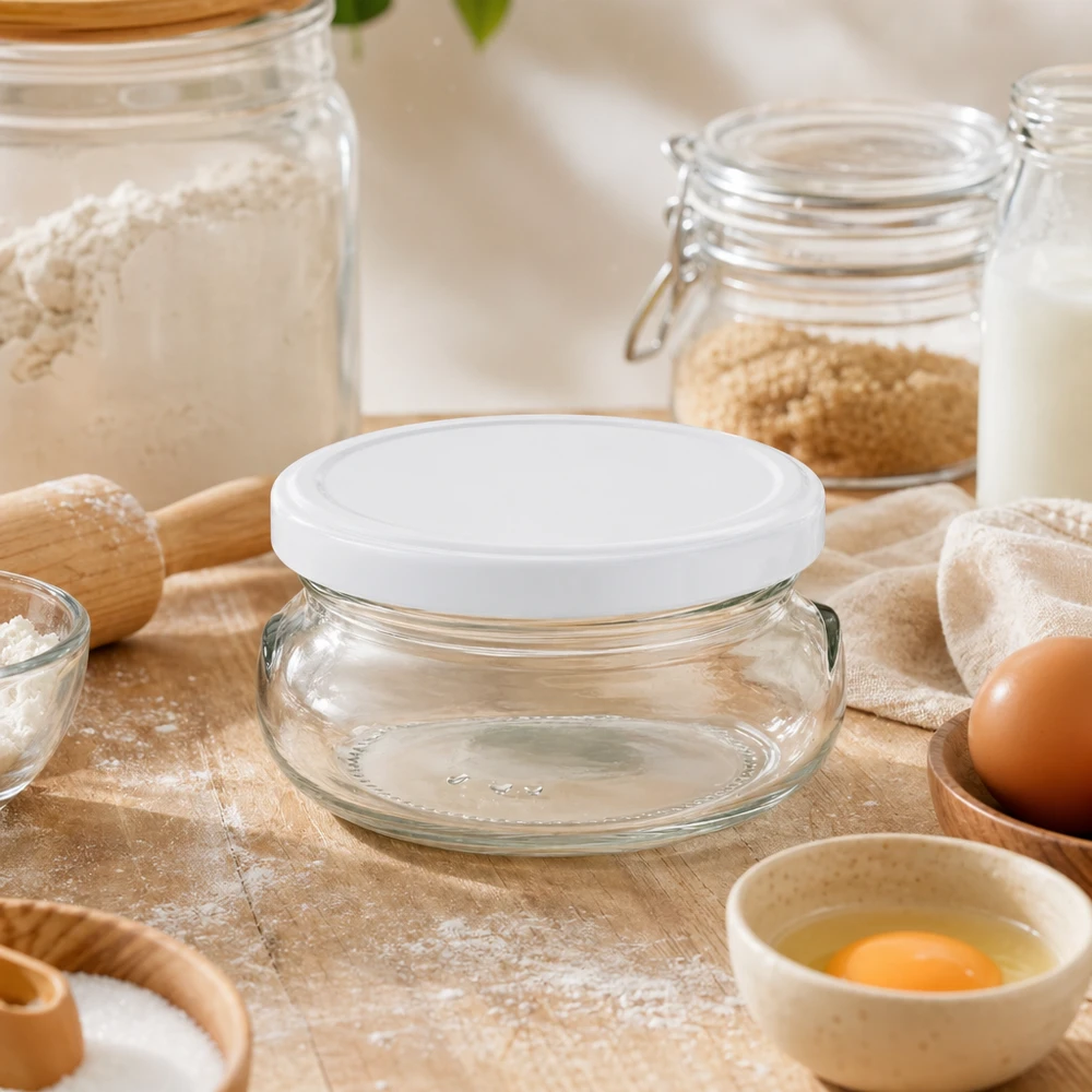 120ml Terrinenglas mit BasicSeal Deckel weiß UNiTWIST 120ml Terrinenglas mit weißem Deckel in Backküche mit Mehl, Eiern und Backzutaten für Dessert-Zubereitung