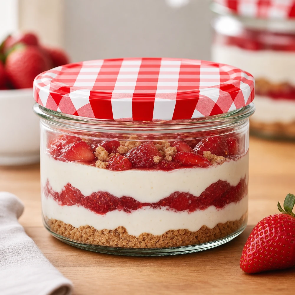 225ml Sturzglas + BasicSeal Deckel rot/weiß UNiTWIST 225ml Sturzglas mit Erdbeer-Dessert und rot-weiß kariertem BasicSeal Deckel als stylische Dessertverpackung