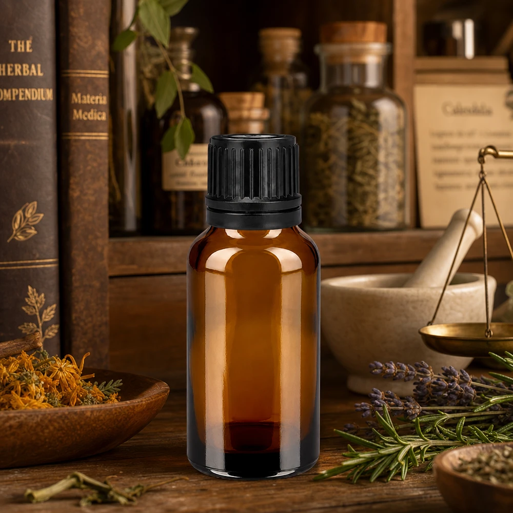 20ml Glasflasche mit lichtschützender Brauntönung und dichtem schwarzem Verschluss