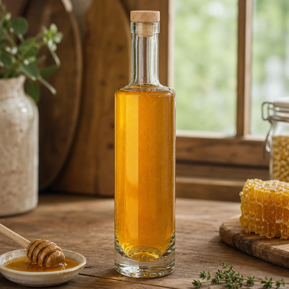 500ml Glasflasche "Lina" mit Holzgriff-Korken UNiTWIST 500ml Glasflasche Lina mit Holzkorken gefüllt mit Honig neben Bienenwabe rustikale Landküche natürliche Zutaten