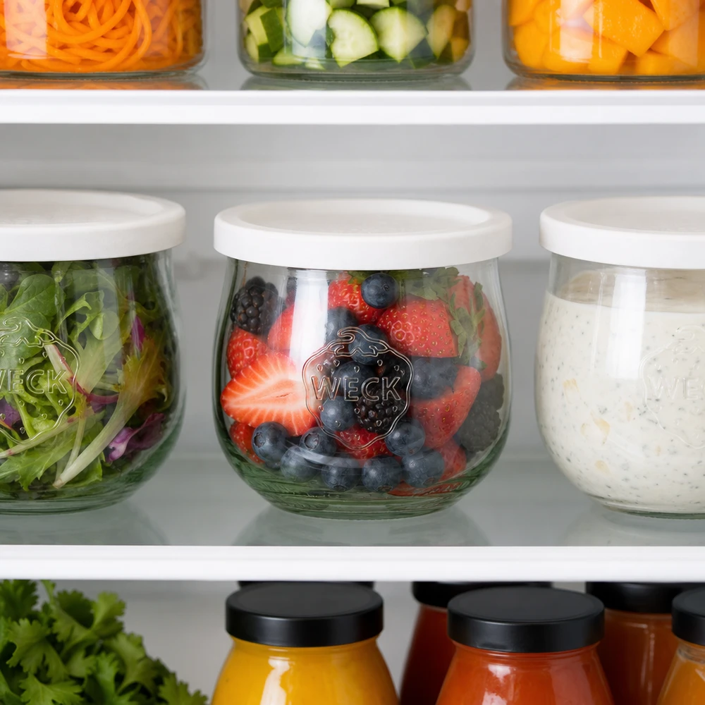 370ml Tulpenglas mit Frischedeckel WECK RR80 WECK Tulpenglas 370ml RR80 im Kühlschrank mit Beeren gefüllt neben Salat und Aufstrichen zur frischen Lagerung
