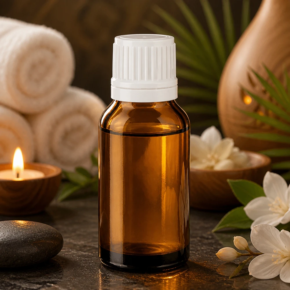Ätherisches Öl Flasche braun 15ml weißer Tropfer neben Massagesteinen und aufgerollten Handtüchern