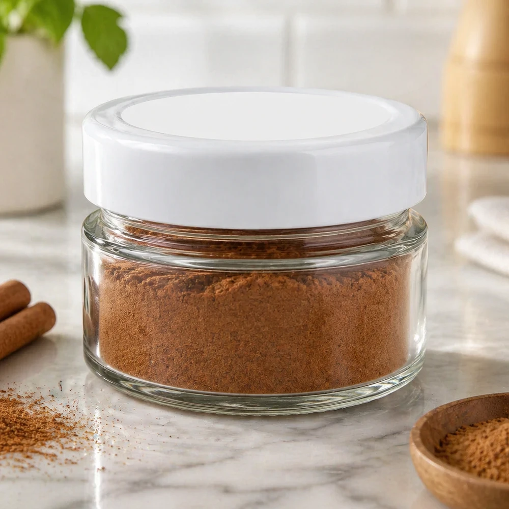 80ml Rundglas gefüllt mit braunem Pulver zeigt praktische Anwendung für Gewürze und Küchenaufbewahrung