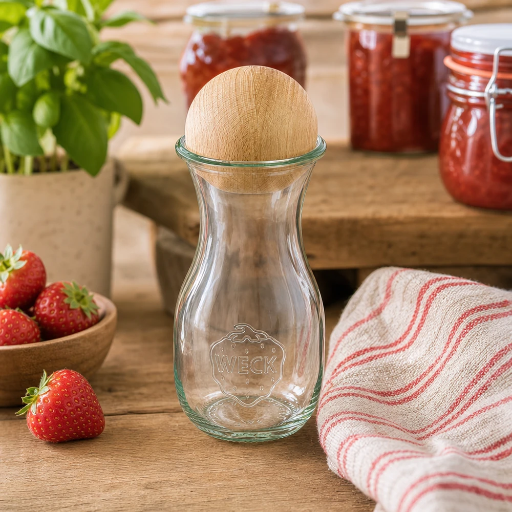 290ml Saftflasche WECK RR60 mit Holzkugel Buche WECK Glasflasche 290ml RR60 mit Buchenkugel-Verschluss in rustikaler Küche neben Erdbeeren und Marmeladengläsern